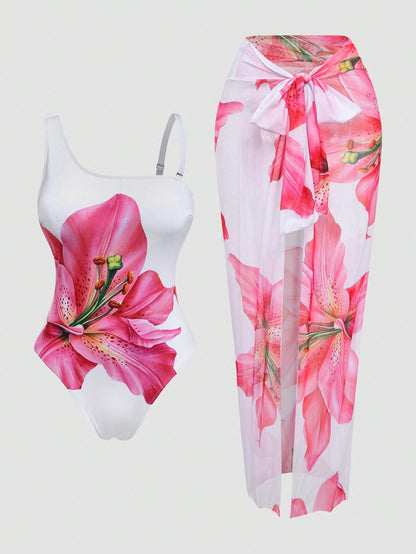 Swim Oasis Plus Size 2-Piece Swimsuit Set For Women, Elegant White Lily Flower Print One-Piece With Detachable Straps, Matching Sarong Skirt, Summer Vacation