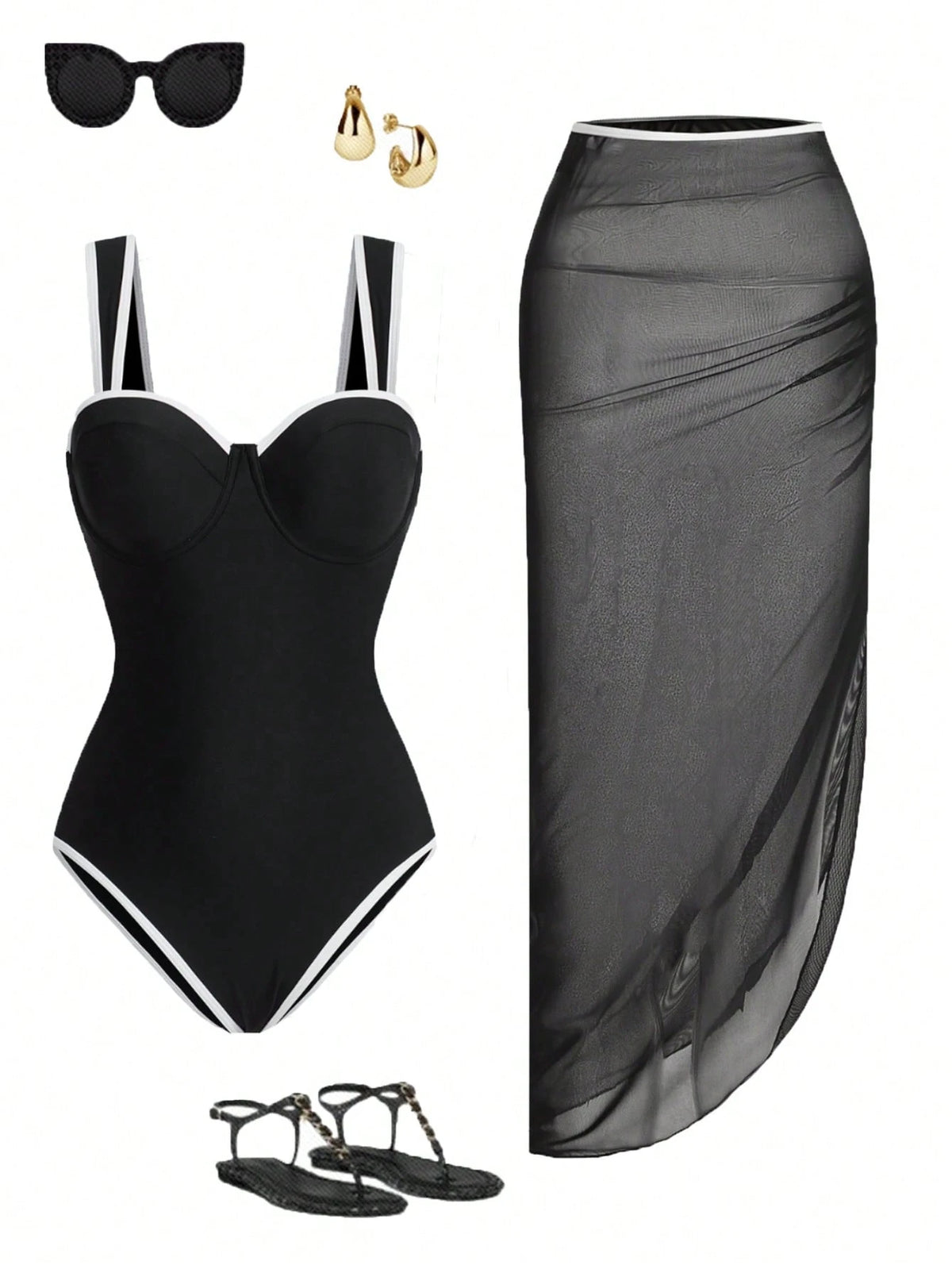 Swim Oasis Plus Size 2pcs Women Beach Swimsuit & Mesh Skirt Suit, Simple & Elegant Solid Color One-Piece Swimwear Set For Spring/Summer, Going Out Outfit