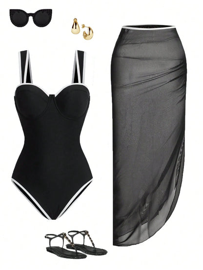 Swim Oasis Plus Size 2pcs Women Beach Swimsuit & Mesh Skirt Suit, Simple & Elegant Solid Color One-Piece Swimwear Set For Spring/Summer, Going Out Outfit