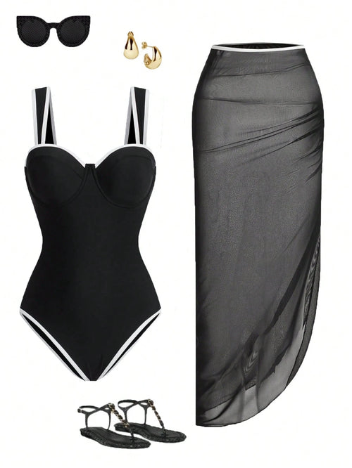 Swim Oasis Plus Size 2pcs Women Beach Swimsuit & Mesh Skirt Suit, Simple & Elegant Solid Color One-Piece Swimwear Set For Spring/Summer, Going Out Outfit