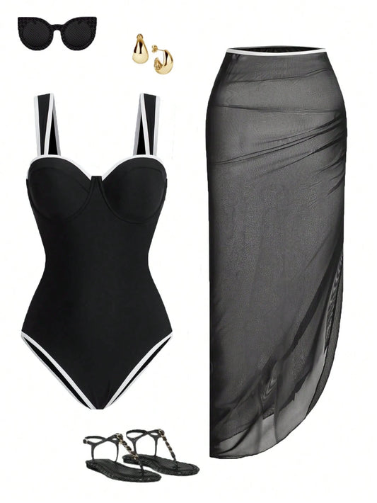 Swim Oasis Plus Size 2pcs Women Beach Swimsuit & Mesh Skirt Suit, Simple & Elegant Solid Color One-Piece Swimwear Set For Spring/Summer, Going Out Outfit