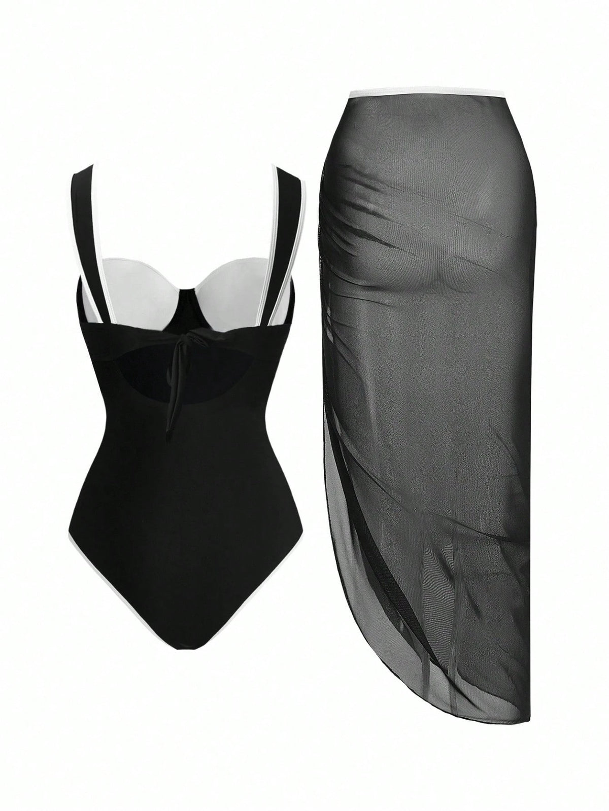 Swim Oasis Plus Size 2pcs Women Beach Swimsuit & Mesh Skirt Suit, Simple & Elegant Solid Color One-Piece Swimwear Set For Spring/Summer, Going Out Outfit