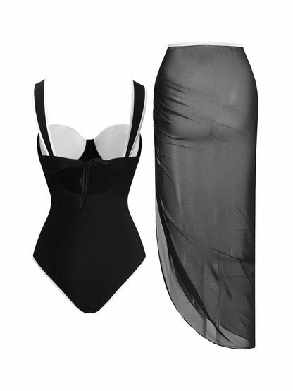 Swim Oasis Plus Size 2pcs Women Beach Swimsuit & Mesh Skirt Suit, Simple & Elegant Solid Color One-Piece Swimwear Set For Spring/Summer, Going Out Outfit