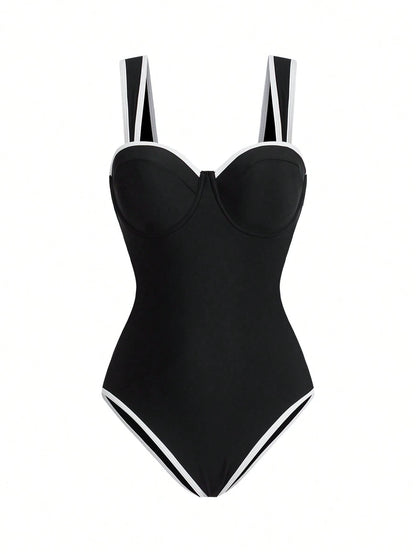 Swim Oasis Plus Size 2pcs Women Beach Swimsuit & Mesh Skirt Suit, Simple & Elegant Solid Color One-Piece Swimwear Set For Spring/Summer, Going Out Outfit