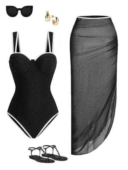 Swim Oasis Plus Size 2pcs Women Beach Swimsuit & Mesh Skirt Suit, Simple & Elegant Solid Color One-Piece Swimwear Set For Spring/Summer, Going Out Outfit