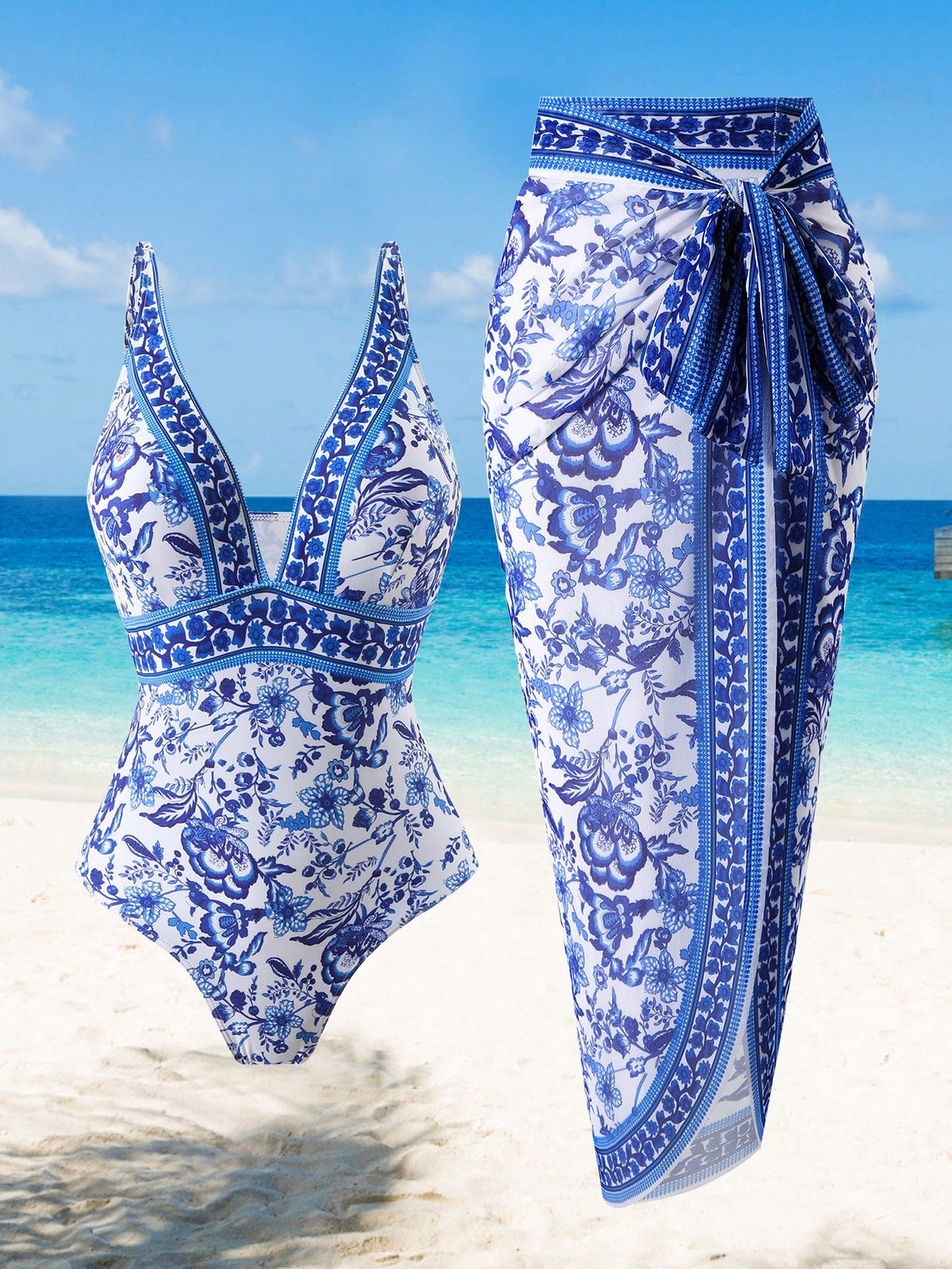 Swim Oasis Plus Size Floral Print V-Neck Slim Fit Summer Beach Swimsuit And Skirt Cover-Up