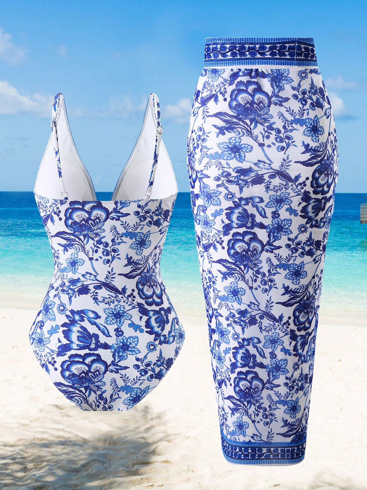 Swim Oasis Plus Size Floral Print V-Neck Slim Fit Summer Beach Swimsuit And Skirt Cover-Up