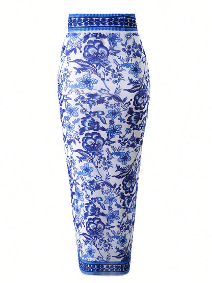 Swim Oasis Plus Size Floral Print V-Neck Slim Fit Summer Beach Swimsuit And Skirt Cover-Up