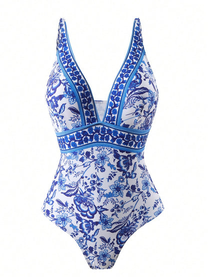 Swim Oasis Plus Size Floral Print V-Neck Slim Fit Summer Beach Swimsuit And Skirt Cover-Up