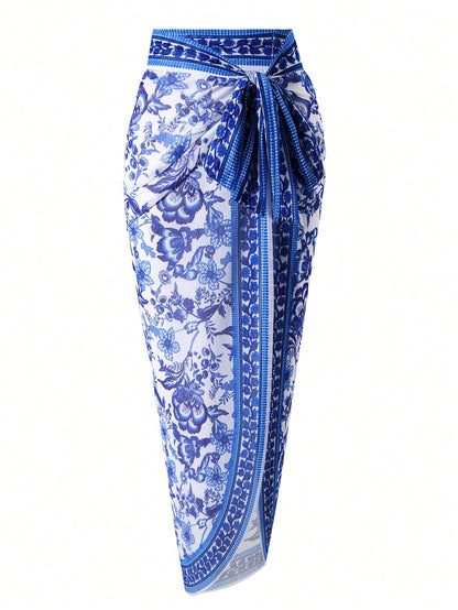Swim Oasis Plus Size Floral Print V-Neck Slim Fit Summer Beach Swimsuit And Skirt Cover-Up