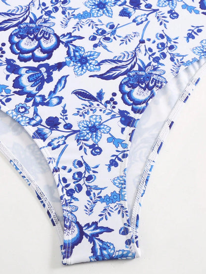Swim Oasis Plus Size Floral Print V-Neck Slim Fit Summer Beach Swimsuit And Skirt Cover-Up