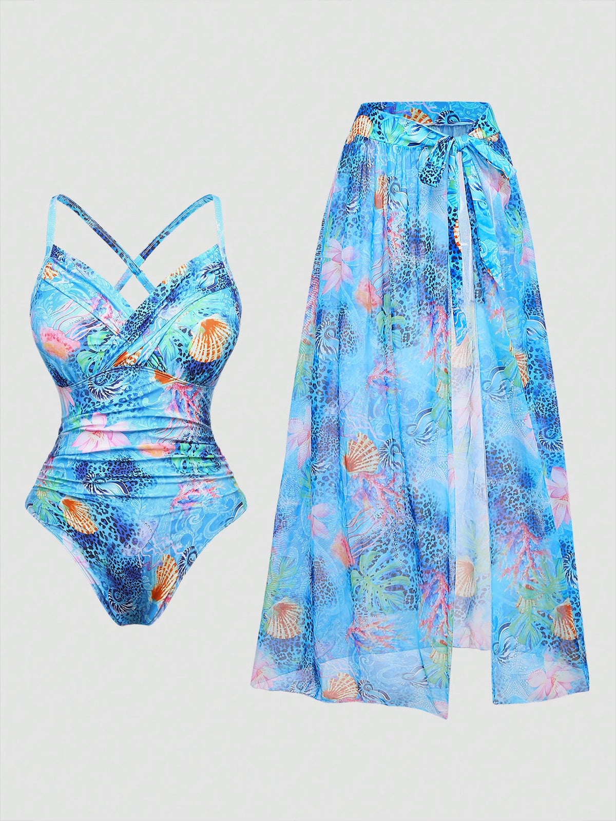 Swim Oasis Plus Size Women 2pcs/Set Random Print Spaghetti Strap Paired With Mesh Skirt Sexy Beach Resort Bikini Swimsuit