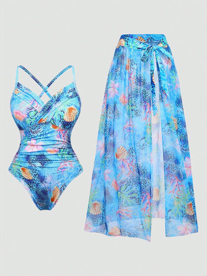 Swim Oasis Plus Size Women 2pcs/Set Random Print Spaghetti Strap Paired With Mesh Skirt Sexy Beach Resort Bikini Swimsuit