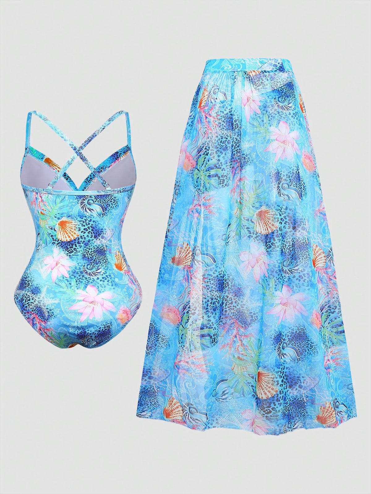 Swim Oasis Plus Size Women 2pcs/Set Random Print Spaghetti Strap Paired With Mesh Skirt Sexy Beach Resort Bikini Swimsuit