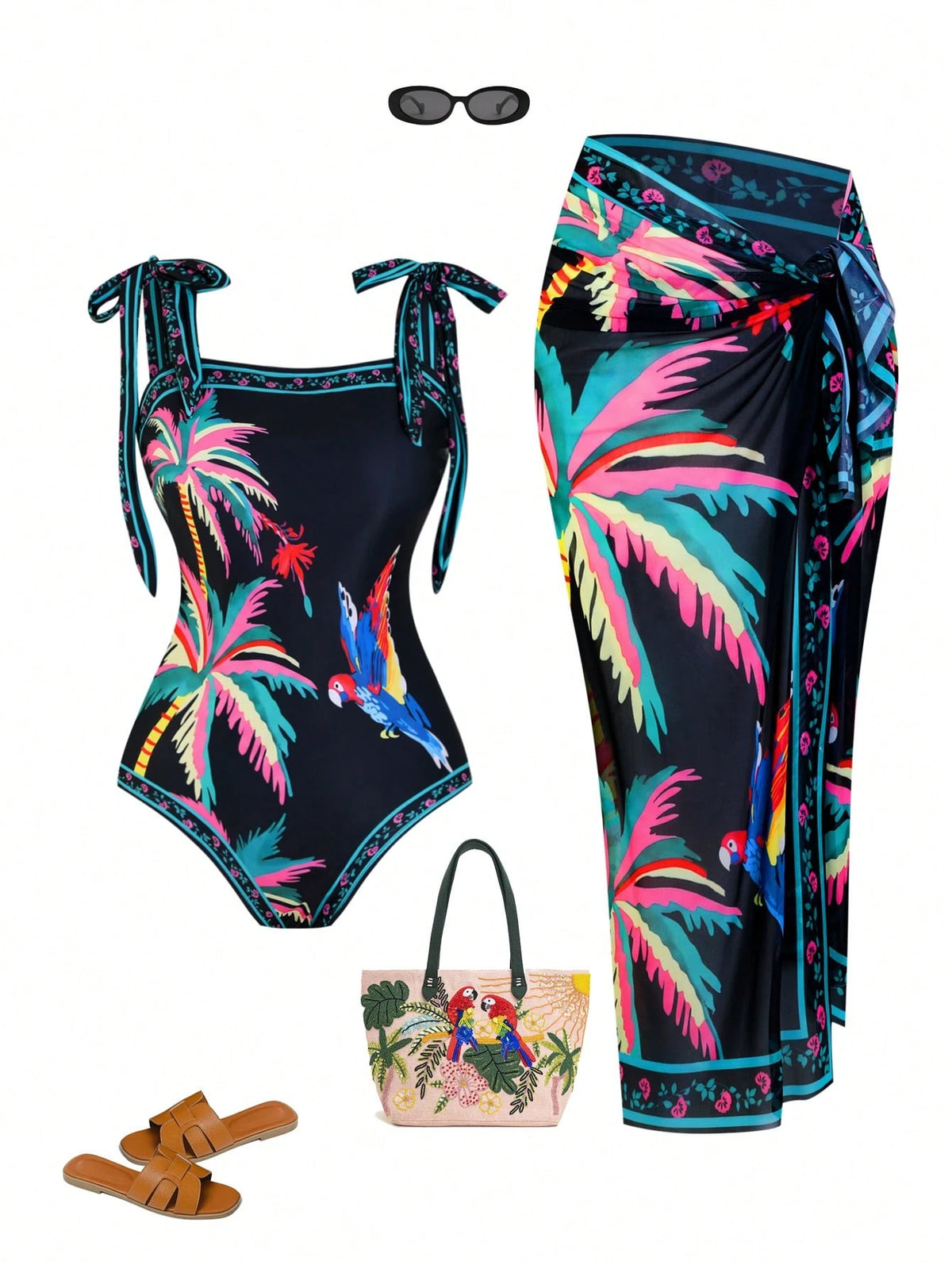 Swim Oasis Plus Size Women 2pcs Tropical Coconut Palm & Parrot Print Bandeau Swimsuit With Matching Printed Mesh Wrap Skirt, Beach Holiday