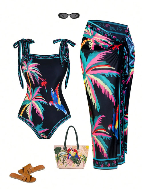 Swim Oasis Plus Size Women 2pcs Tropical Coconut Palm & Parrot Print Bandeau Swimsuit With Matching Printed Mesh Wrap Skirt, Beach Holiday