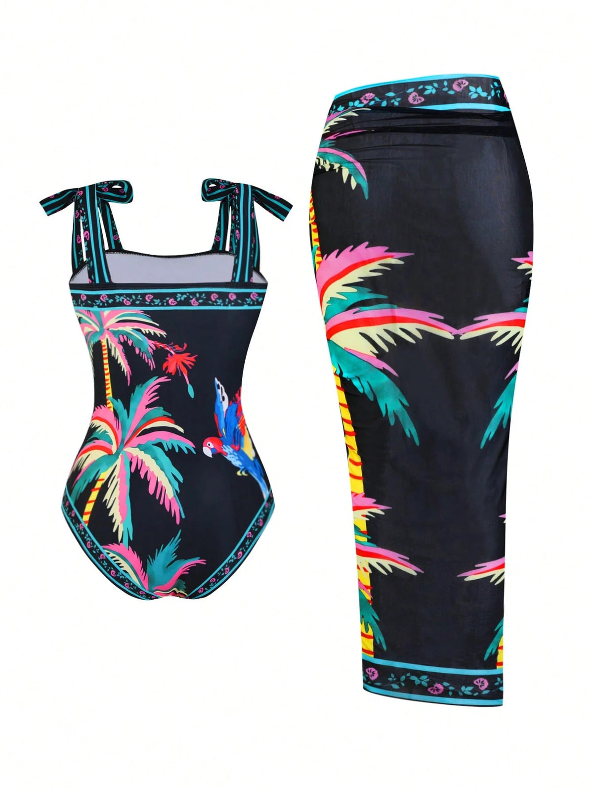 Swim Oasis Plus Size Women 2pcs Tropical Coconut Palm & Parrot Print Bandeau Swimsuit With Matching Printed Mesh Wrap Skirt, Beach Holiday