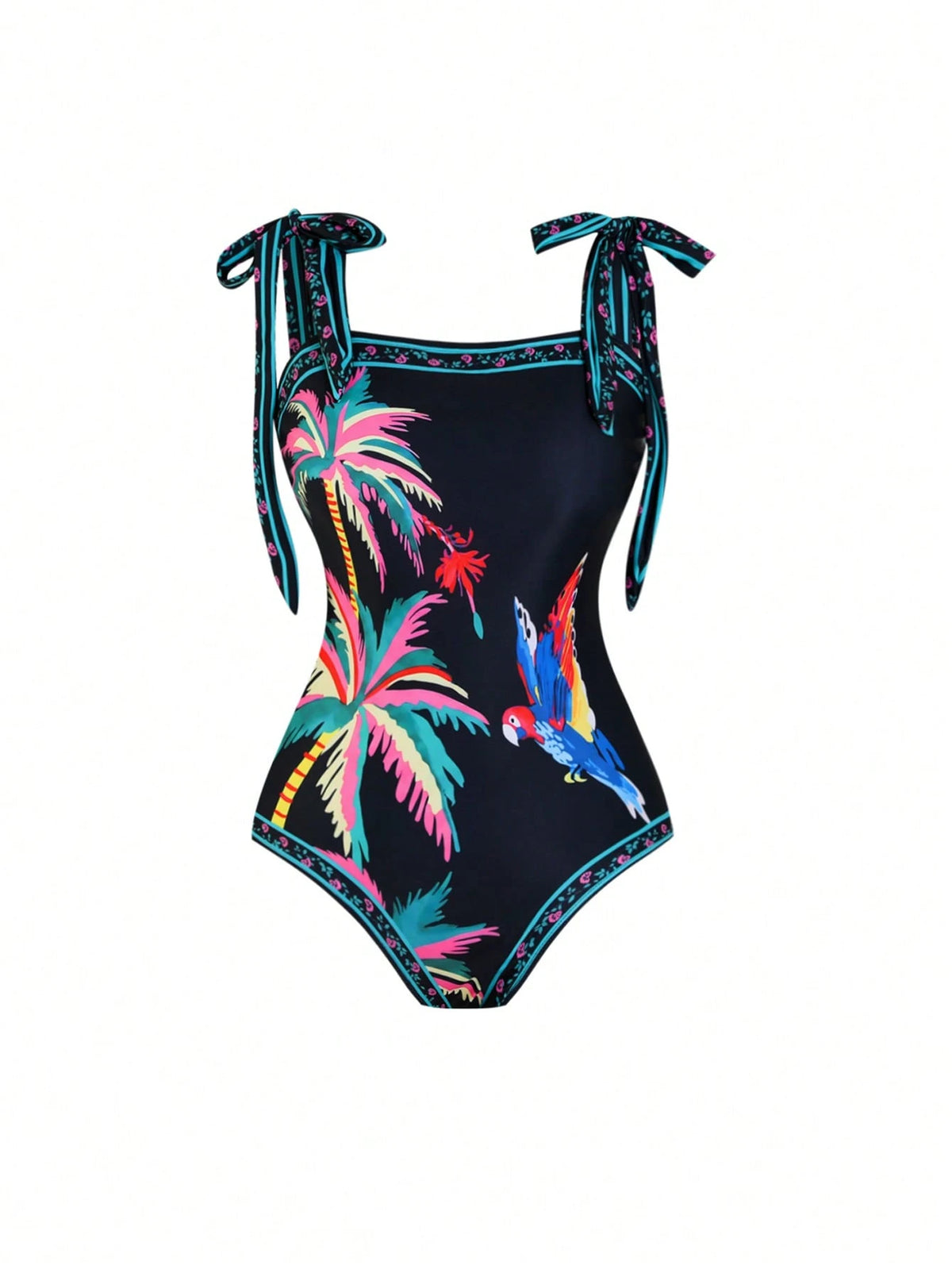 Swim Oasis Plus Size Women 2pcs Tropical Coconut Palm & Parrot Print Bandeau Swimsuit With Matching Printed Mesh Wrap Skirt, Beach Holiday