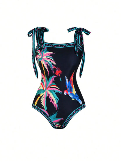 Swim Oasis Plus Size Women 2pcs Tropical Coconut Palm & Parrot Print Bandeau Swimsuit With Matching Printed Mesh Wrap Skirt, Beach Holiday