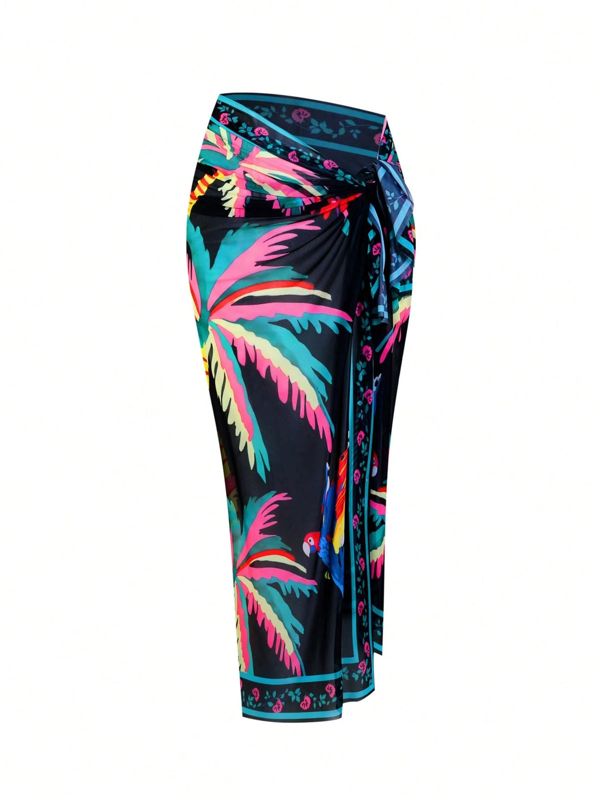 Swim Oasis Plus Size Women 2pcs Tropical Coconut Palm & Parrot Print Bandeau Swimsuit With Matching Printed Mesh Wrap Skirt, Beach Holiday
