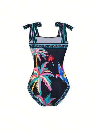 Swim Oasis Plus Size Women 2pcs Tropical Coconut Palm & Parrot Print Bandeau Swimsuit With Matching Printed Mesh Wrap Skirt, Beach Holiday