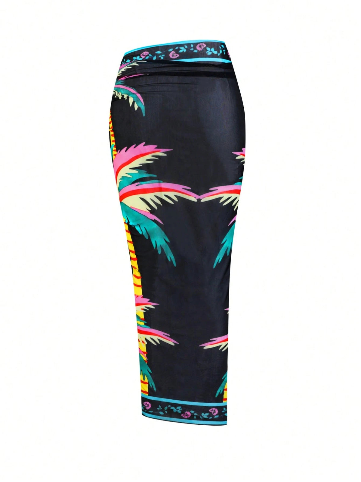 Swim Oasis Plus Size Women 2pcs Tropical Coconut Palm & Parrot Print Bandeau Swimsuit With Matching Printed Mesh Wrap Skirt, Beach Holiday