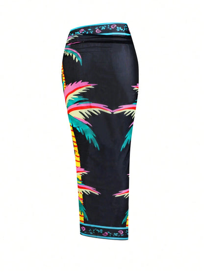 Swim Oasis Plus Size Women 2pcs Tropical Coconut Palm & Parrot Print Bandeau Swimsuit With Matching Printed Mesh Wrap Skirt, Beach Holiday