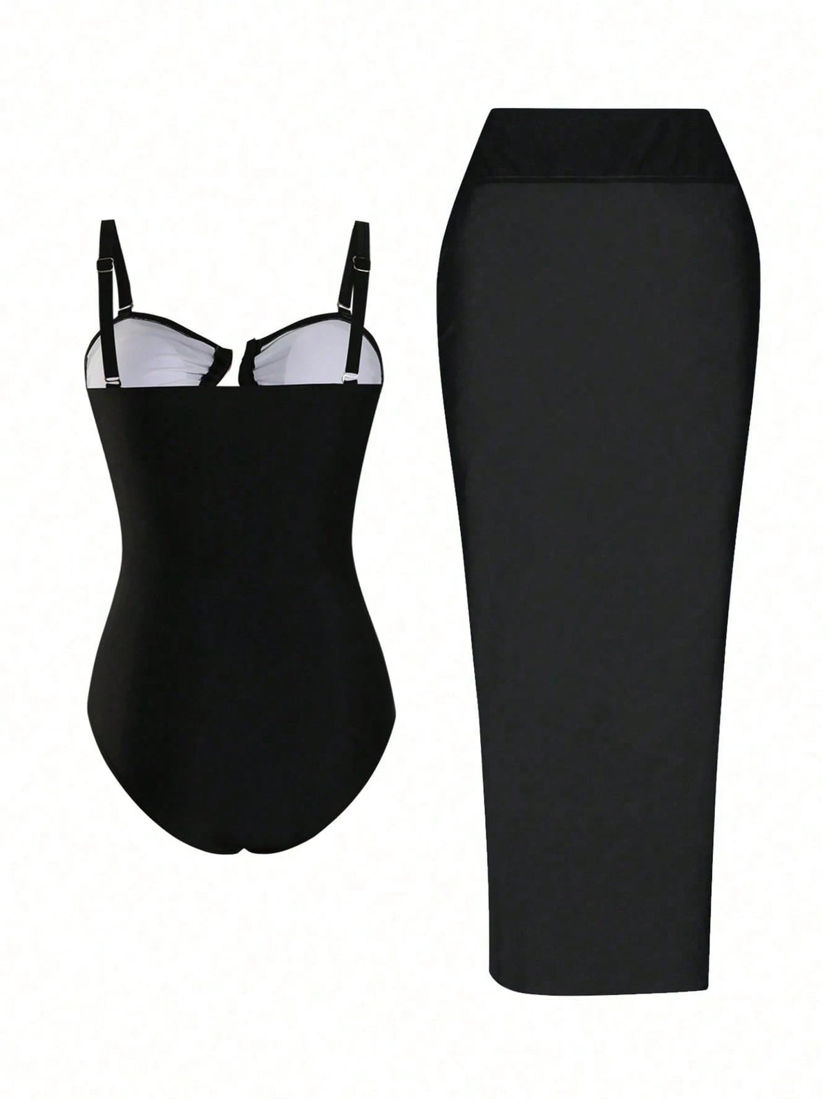 Swim Oasis Plus Size Women's High-End Oasis Two Pieces Black Bandeau Slim-Fit Swimsuit With Sheer Mesh Cover-Up Skirt, Perfect For Beach Vacation In Summer