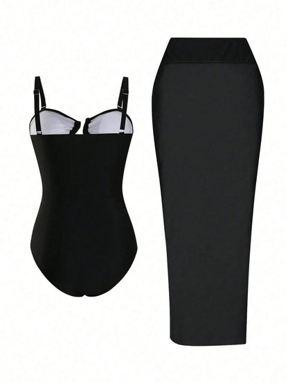 Swim Oasis Plus Size Women's High-End Oasis Two Pieces Black Bandeau Slim-Fit Swimsuit With Sheer Mesh Cover-Up Skirt, Perfect For Beach Vacation In Summer