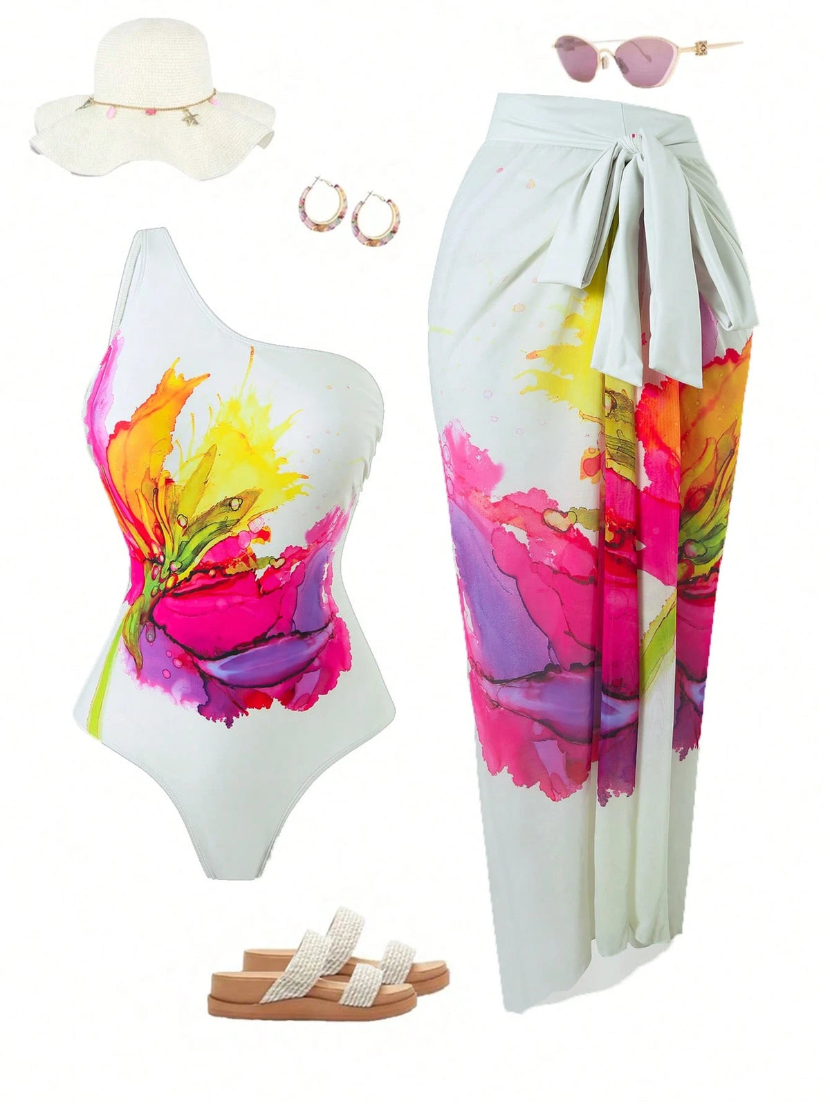 Swim Oasis Plus Size Women's One-Piece Swimsuit,Multi-Color Print White Mesh Maxi Skirt Set,Tropical Beach Vacation Outfits,Bachelorette Party Summer Holiday