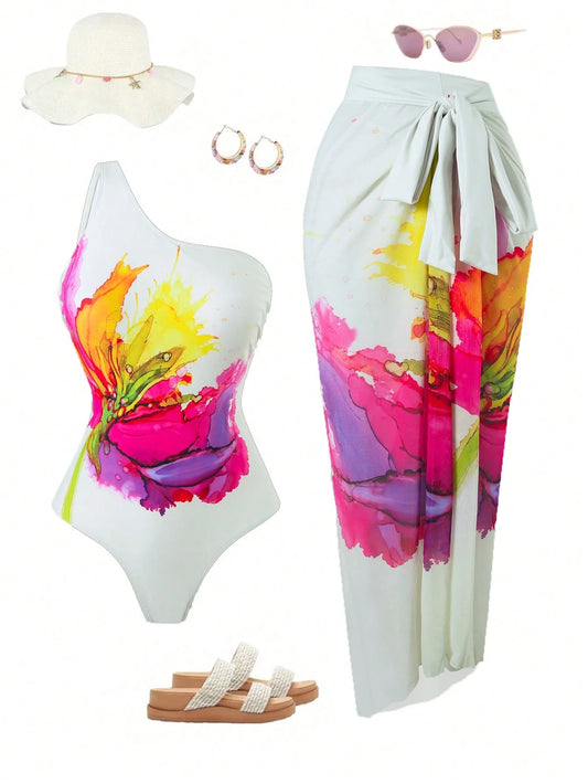 Swim Oasis Plus Size Women's One-Piece Swimsuit,Multi-Color Print White Mesh Maxi Skirt Set,Tropical Beach Vacation Outfits,Bachelorette Party Summer Holiday