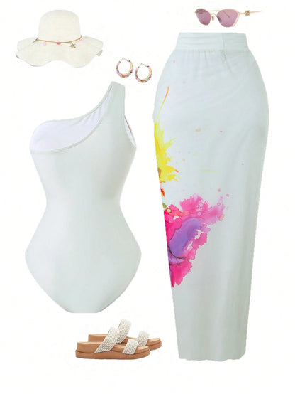Swim Oasis Plus Size Women's One-Piece Swimsuit,Multi-Color Print White Mesh Maxi Skirt Set,Tropical Beach Vacation Outfits,Bachelorette Party Summer Holiday