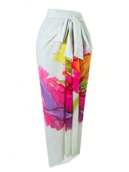 Swim Oasis Plus Size Women's One-Piece Swimsuit,Multi-Color Print White Mesh Maxi Skirt Set,Tropical Beach Vacation Outfits,Bachelorette Party Summer Holiday