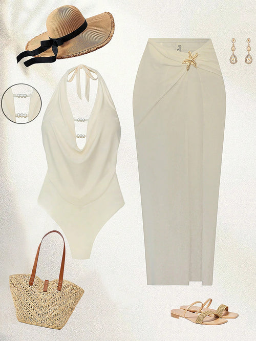 Swim Oasis Plus Size Women's Solid White 2-Piece Set,Summer Silky Tropical Beach Holiday Vacation,Deep V-Neck,Pearl Bead & Metal Starfish Long High-Waist Skirt