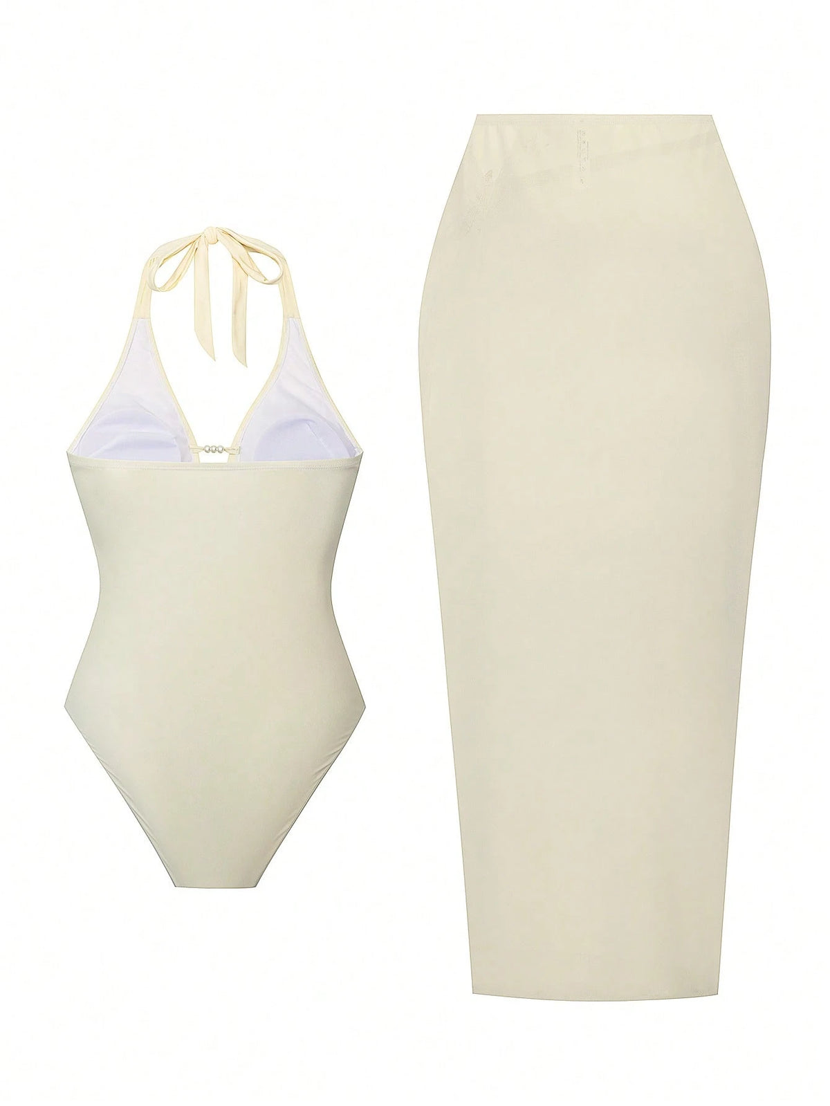 Swim Oasis Plus Size Women's Solid White 2-Piece Set,Summer Silky Tropical Beach Holiday Vacation,Deep V-Neck,Pearl Bead & Metal Starfish Long High-Waist Skirt