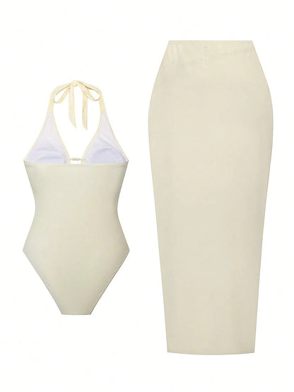 Swim Oasis Plus Size Women's Solid White 2-Piece Set,Summer Silky Tropical Beach Holiday Vacation,Deep V-Neck,Pearl Bead & Metal Starfish Long High-Waist Skirt