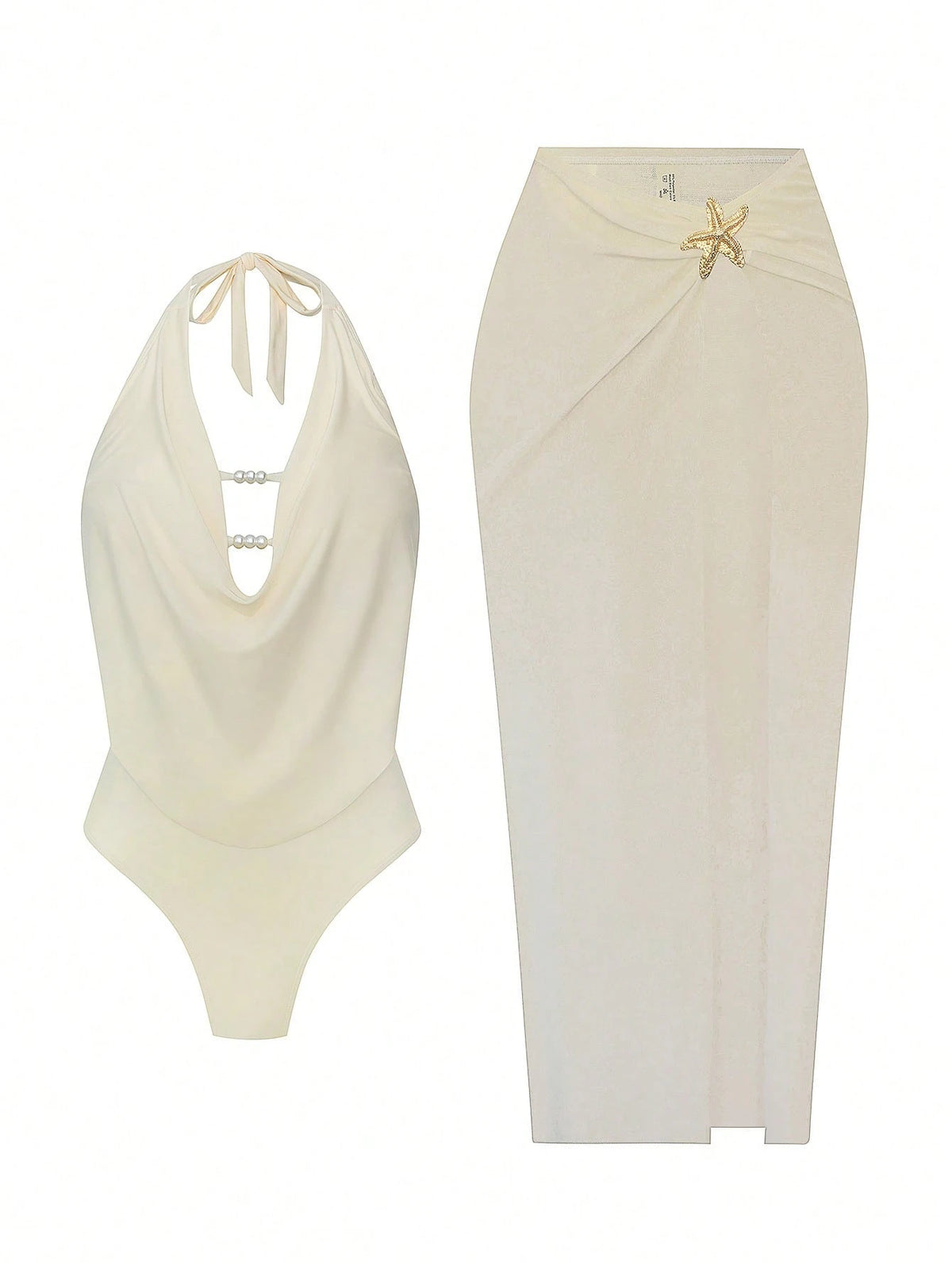 Swim Oasis Plus Size Women's Solid White 2-Piece Set,Summer Silky Tropical Beach Holiday Vacation,Deep V-Neck,Pearl Bead & Metal Starfish Long High-Waist Skirt