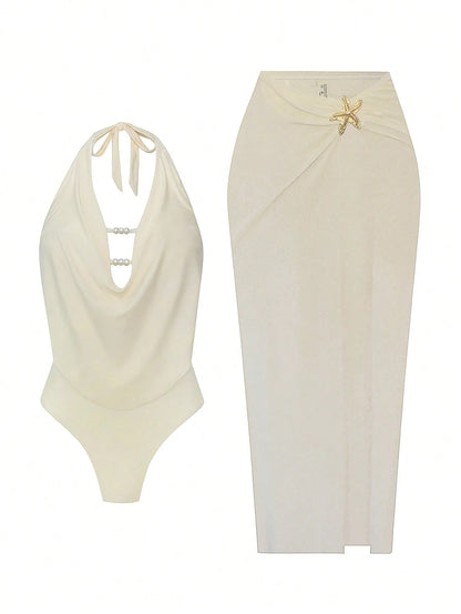 Swim Oasis Plus Size Women's Solid White 2-Piece Set,Summer Silky Tropical Beach Holiday Vacation,Deep V-Neck,Pearl Bead & Metal Starfish Long High-Waist Skirt