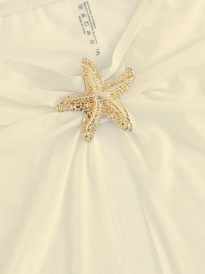 Swim Oasis Plus Size Women's Solid White 2-Piece Set,Summer Silky Tropical Beach Holiday Vacation,Deep V-Neck,Pearl Bead & Metal Starfish Long High-Waist Skirt