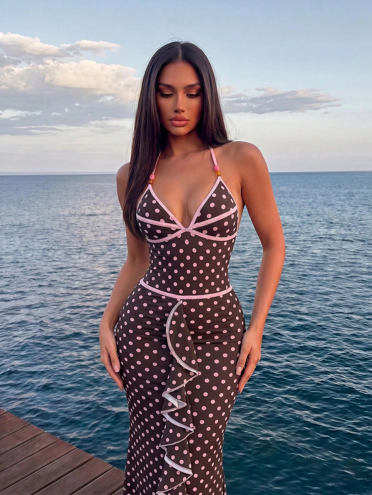 Swim Oasis Premium Striped Print Colorblock Spaghetti Strap Halter One-Piece Swimsuit With Extended Striped Skirt 2 Pieces Set