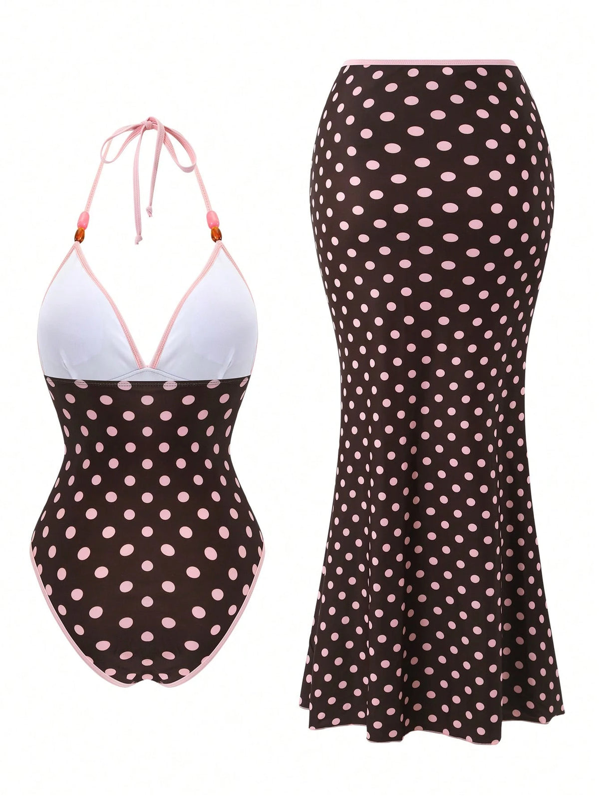 Swim Oasis Premium Striped Print Colorblock Spaghetti Strap Halter One-Piece Swimsuit With Extended Striped Skirt 2 Pieces Set