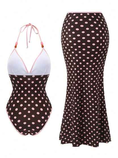 Swim Oasis Premium Striped Print Colorblock Spaghetti Strap Halter One-Piece Swimsuit With Extended Striped Skirt 2 Pieces Set