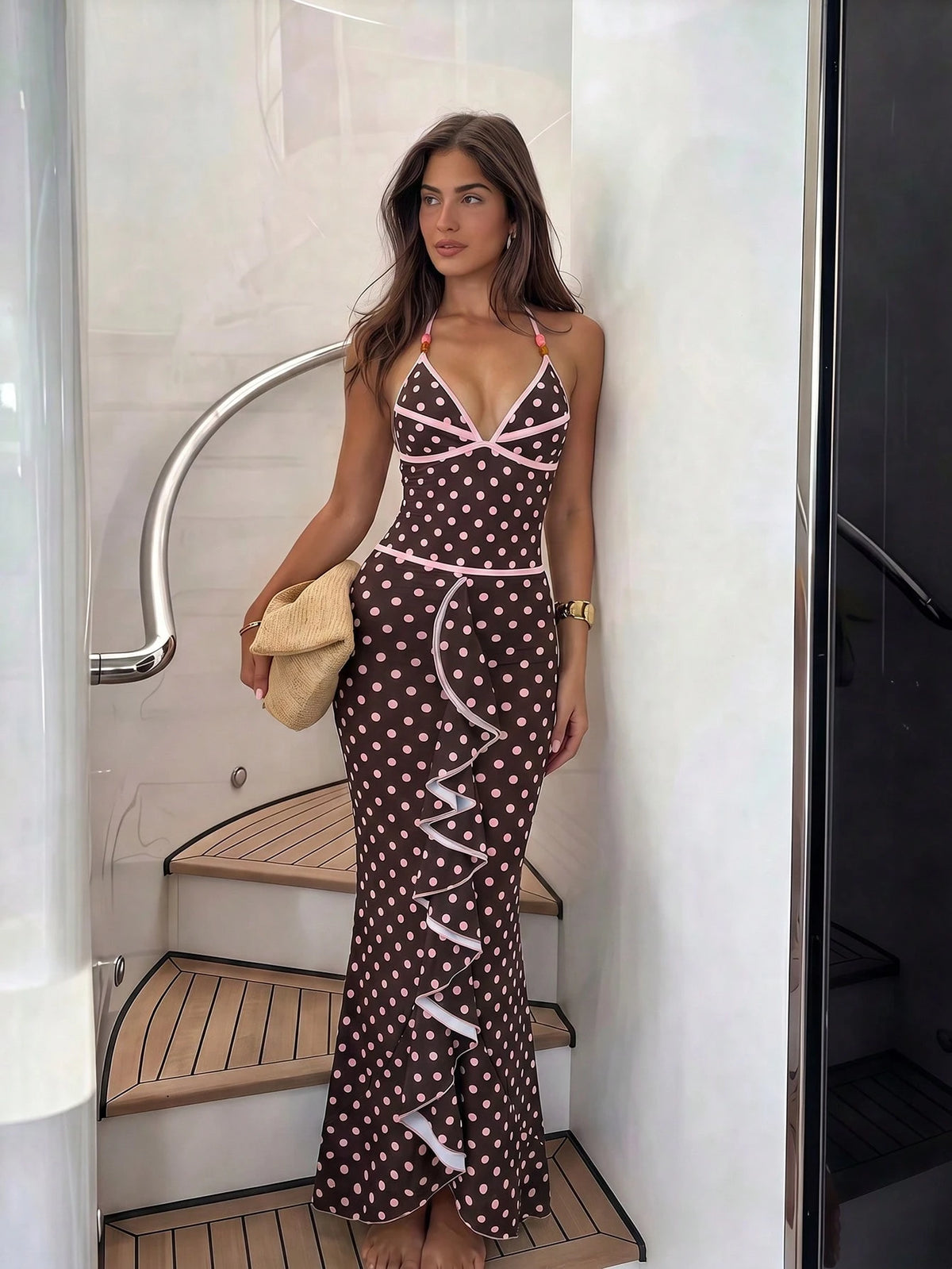 Swim Oasis Premium Striped Print Colorblock Spaghetti Strap Halter One-Piece Swimsuit With Extended Striped Skirt 2 Pieces Set