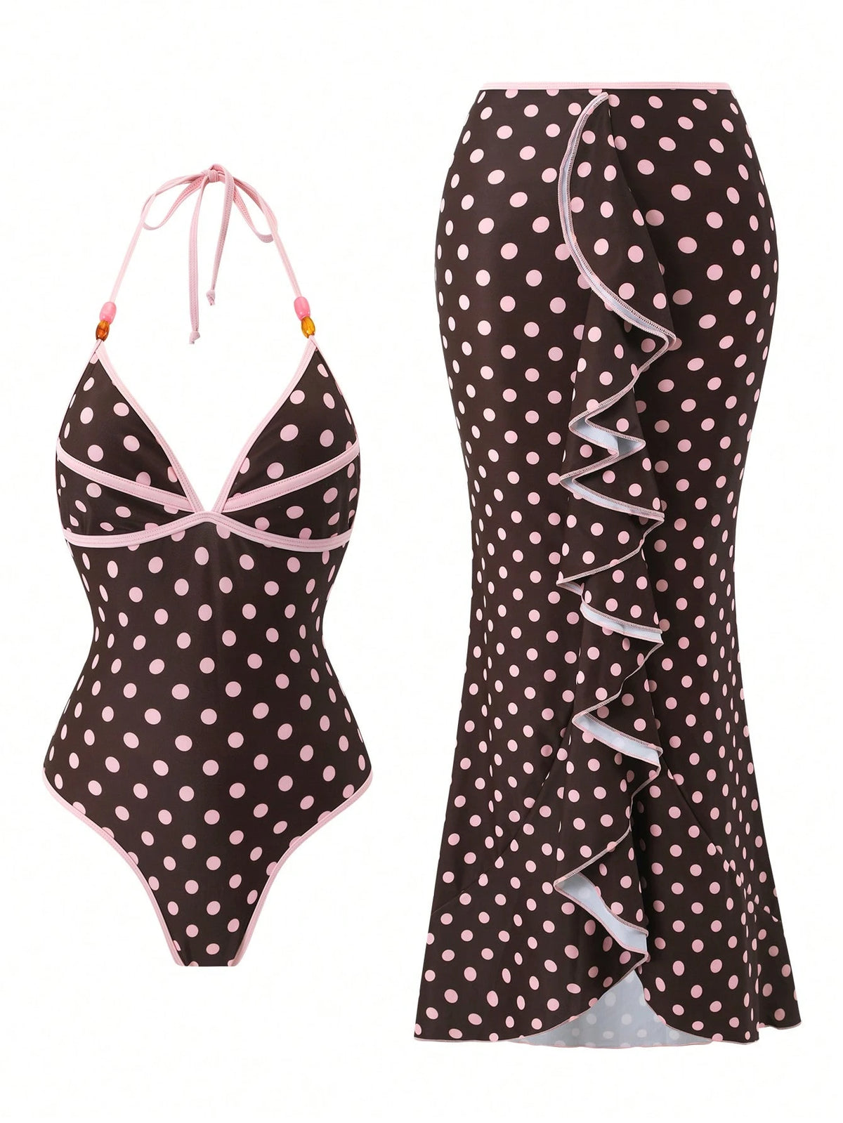 Swim Oasis Premium Striped Print Colorblock Spaghetti Strap Halter One-Piece Swimsuit With Extended Striped Skirt 2 Pieces Set