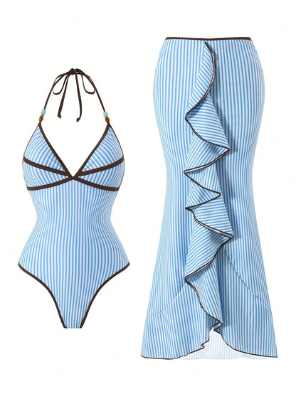 Swim Oasis Premium Striped Print Colorblock Spaghetti Strap Halter One-Piece Swimsuit With Extended Striped Skirt 2 Pieces Set
