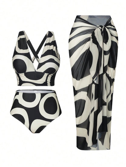 Swim Oasis Summer Beach Plus Size Random Print Swimwear Set, Bathing Suit Beach Outfit Vacay Vibe