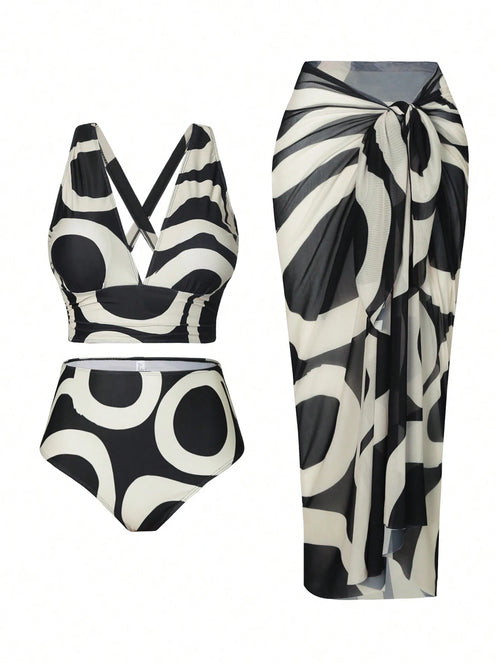 Swim Oasis Summer Beach Plus Size Random Print Swimwear Set, Bathing Suit Beach Outfit Vacay Vibe