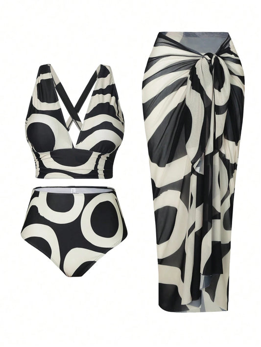 Swim Oasis Summer Beach Plus Size Random Print Swimwear Set, Bathing Suit Beach Outfit Vacay Vibe