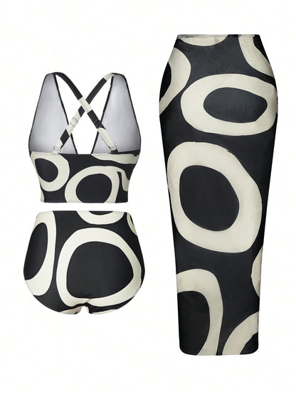 Swim Oasis Summer Beach Plus Size Random Print Swimwear Set, Bathing Suit Beach Outfit Vacay Vibe