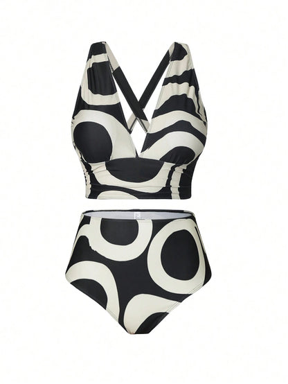 Swim Oasis Summer Beach Plus Size Random Print Swimwear Set, Bathing Suit Beach Outfit Vacay Vibe